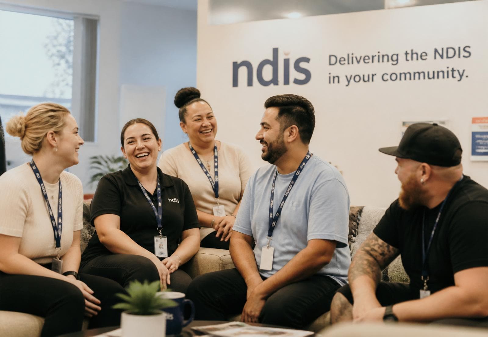A diverse team of NDIS support workers laughing together